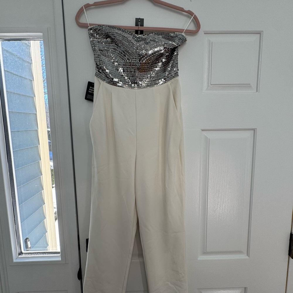 Express Silver Sequin and Cream Jumpsuit